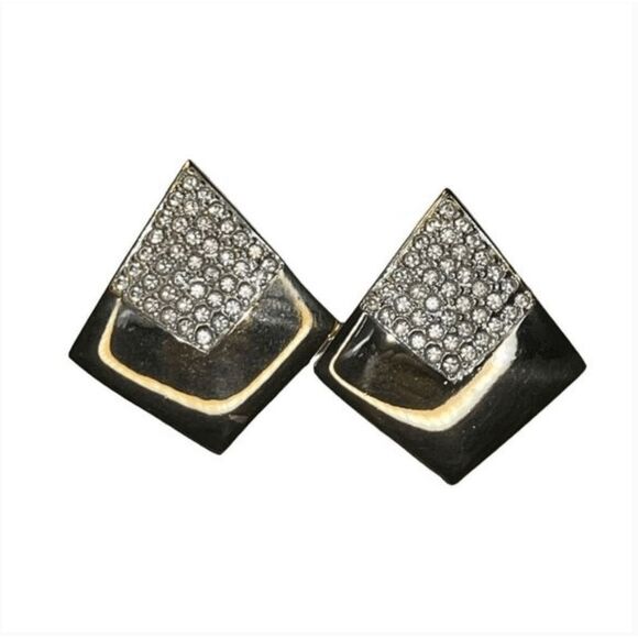 Vintage 80s Pave Statement Earrings Gold Tone Rhinestone Clip On Diamond Shape - Picture 1 of 6